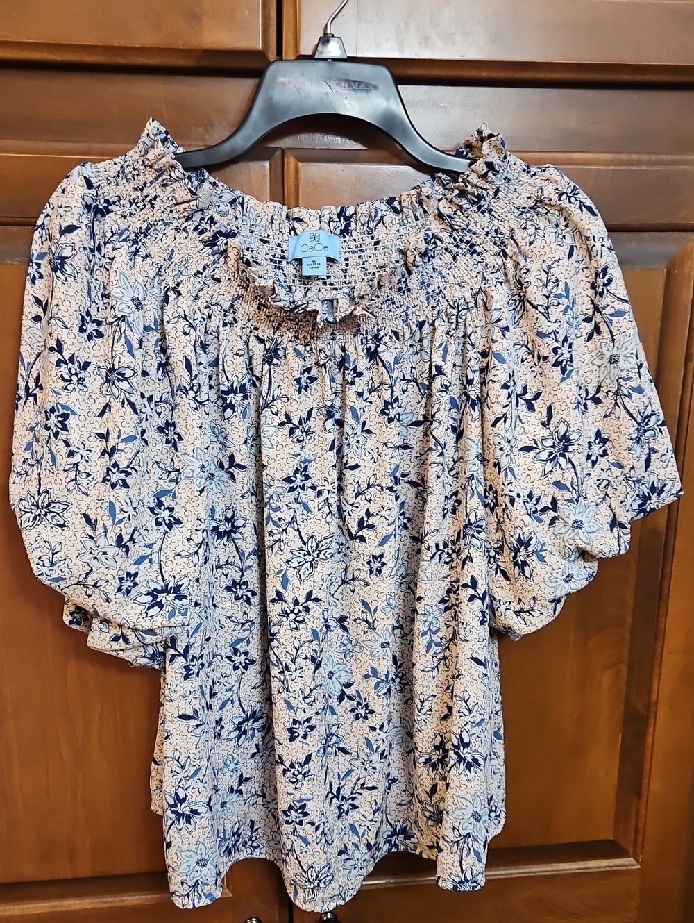 CeCe Navy Floral Off-Shoulder Peasant Top